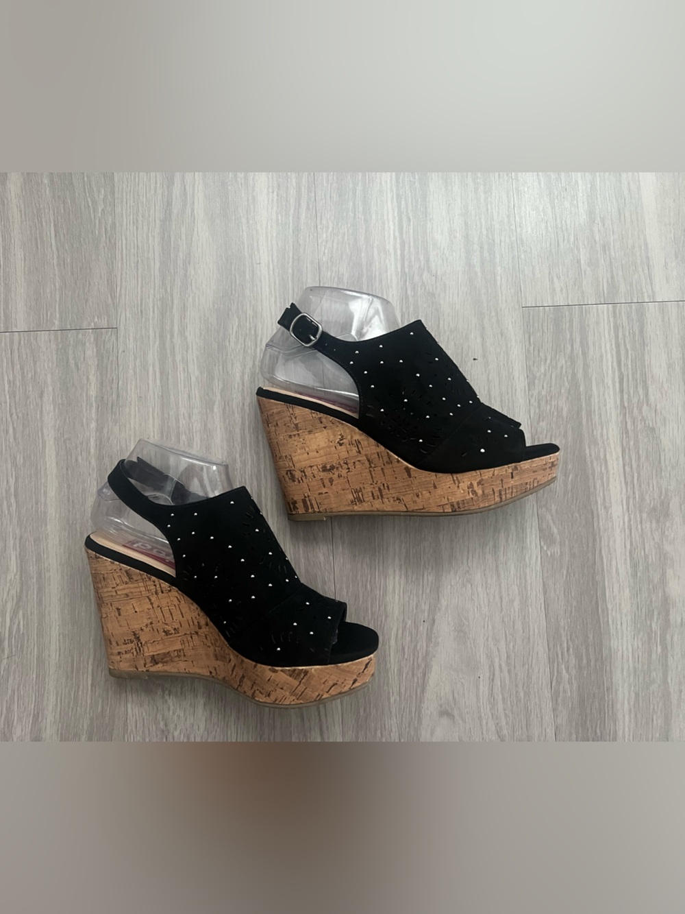 POP Edi Persons Black Studded Cork Wedge Sandals Peep Toe Slingback Size 8.5